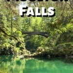 image of green water and bridge through the trees with the words moulton falls