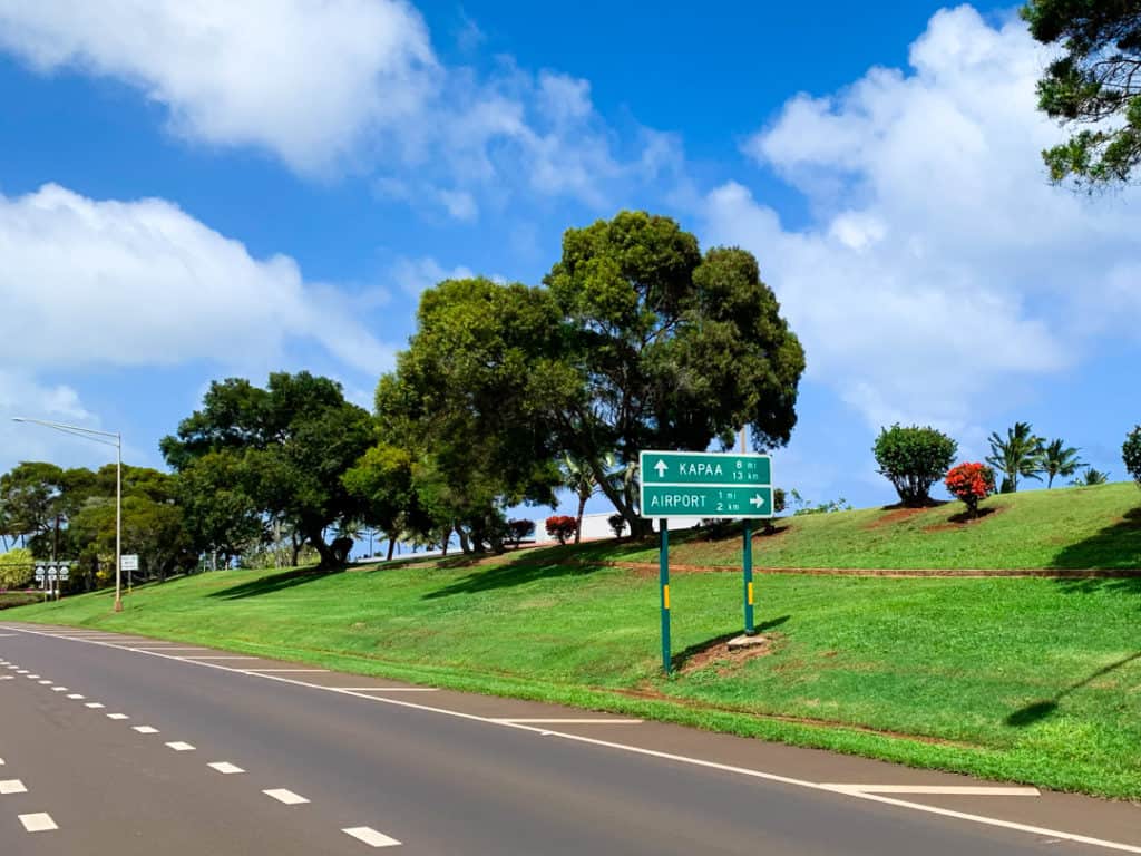 Road sign for Kapaa and Airport in Kauai
