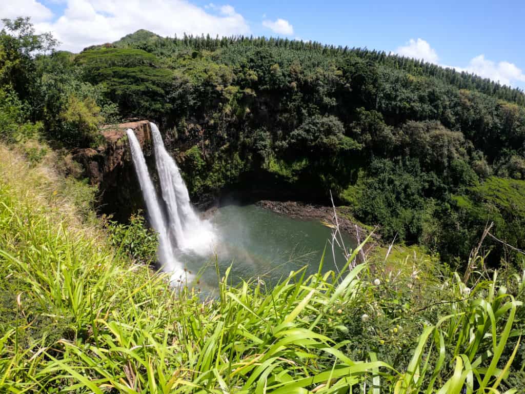 View of Wailua Falls on a sunny day in Kauai