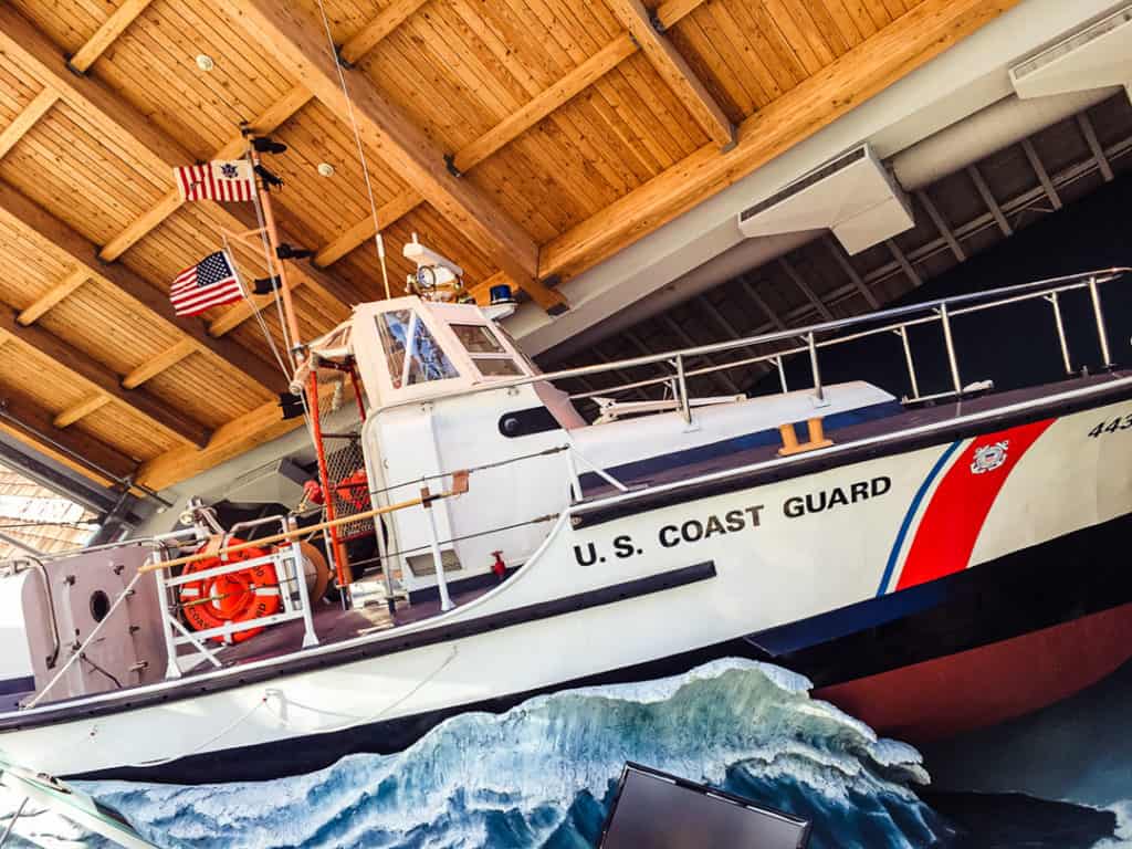 U.S. Coast Guard Ship on fake waves on display inside the maritime museum
