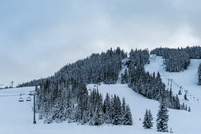 view of cloudy skies above snowboarding slopes lined with snow covered evergreen trees