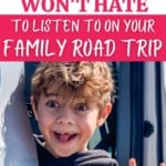 image of boy making silly face while hanging out of a van with the word 30 (actually, more) books you won't hate to listen to on your next family road trip