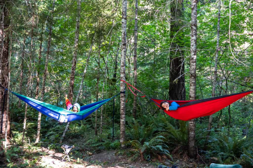 two boys hanging in hammocks at campsite in the woods