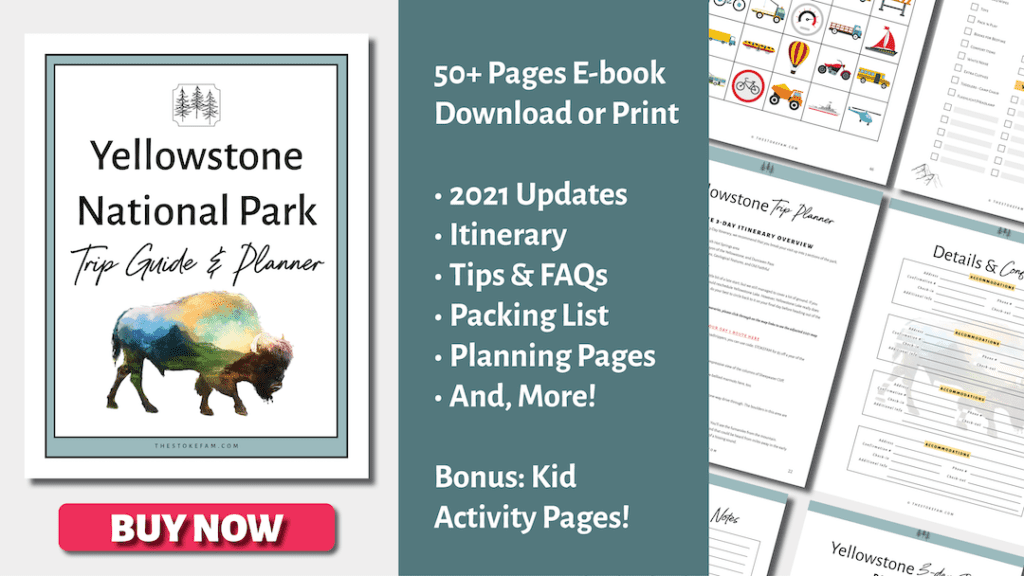 promo graphic for Yellowstone National Park Trip Guide & Planner with preview images of pages