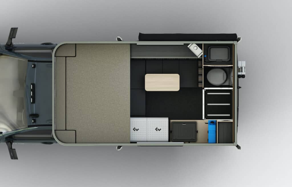 floorplan layout of Scout Kenai camper from above showing bed, dinette, dometic fridge, stove, shower, toilet, and more