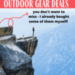 pinterest graphic with image of person standing on cliff looking out at mountains with text that says black friday & cyber monday outdoor gear deals