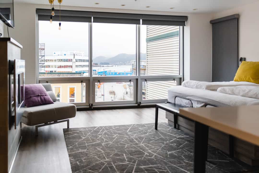 hotel room with mountain views and modern furnishings at silverbow inn