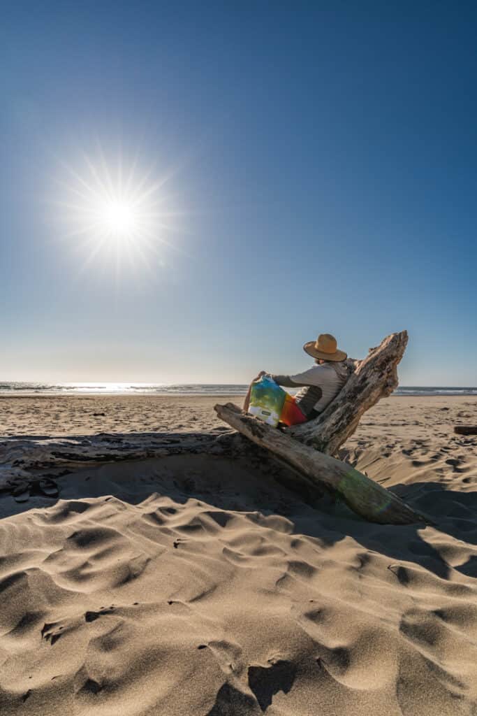 man sits on large piece of driftwood at the beach looking out at the ocean with icemule jaunt backpack cooler beside him