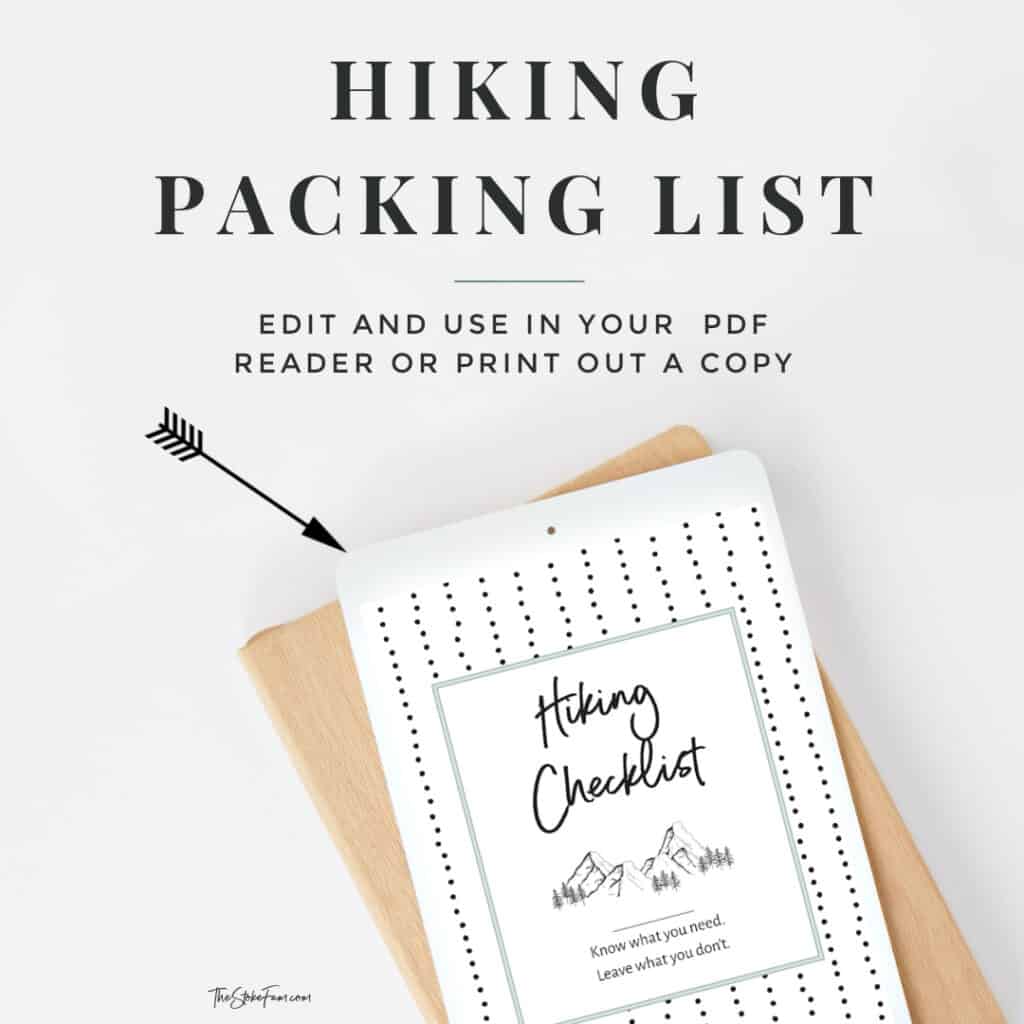 hiking checklist showing on ipad screen with text overlay describing hiking packing list pdf