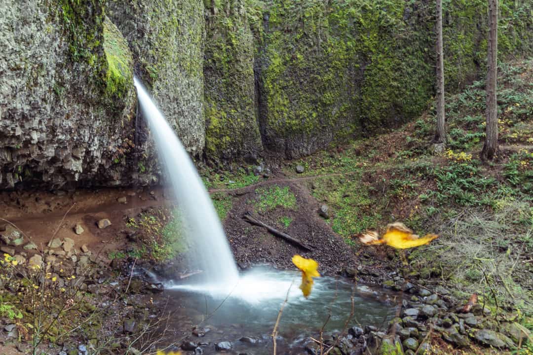 waterfall rushes into pool below with hiking trail winding behind