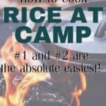 dutch oven sits on top of orange campfire flames as visual for how to cook rice while camping
