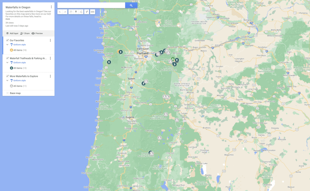 Waterfalls in Oregon Google Map