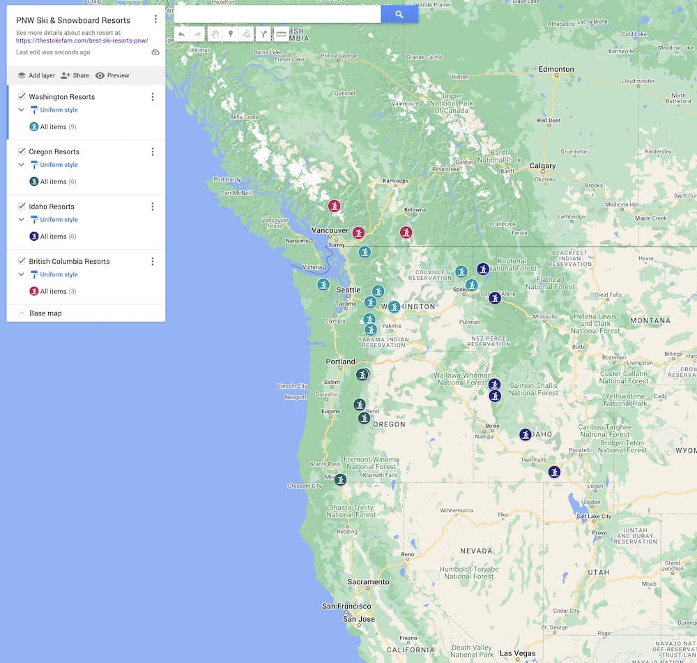 This is a map of the Pacific Northwest region, highlighting ski and snowboard resorts across Washington, Oregon, Idaho, and British Columbia. The resorts are marked with icons depicting skiers and snowboarders, and they are categorized by region: Washington, Oregon, Idaho, and British Columbia, as shown in the map legend on the left. Major cities such as Seattle, Portland, and Vancouver are visible, along with national forests and other geographical landmarks. The map provides a visual layout of resort locations for winter sports enthusiasts.