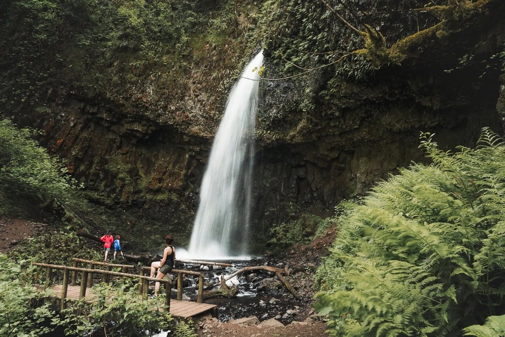 Latourell Falls Trail: Must-See Columbia Gorge Waterfall 1 Hikers at Upper Latourell Falls on the Latourell Falls Trail, viewing the tall waterfall cascading from a rocky cliff, surrounded by lush green ferns and foliage.