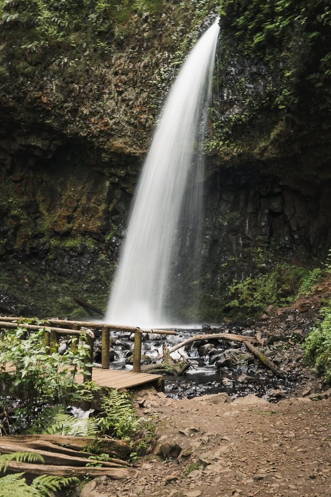 Complete Guide to Visiting Oregon’s Horsetail Falls & Ponytail Falls 8 Upper Latourell Falls, a tall, narrow waterfall cascading from a rocky cliff into a stream, with a wooden footbridge crossing in front, surrounded by lush greenery.
